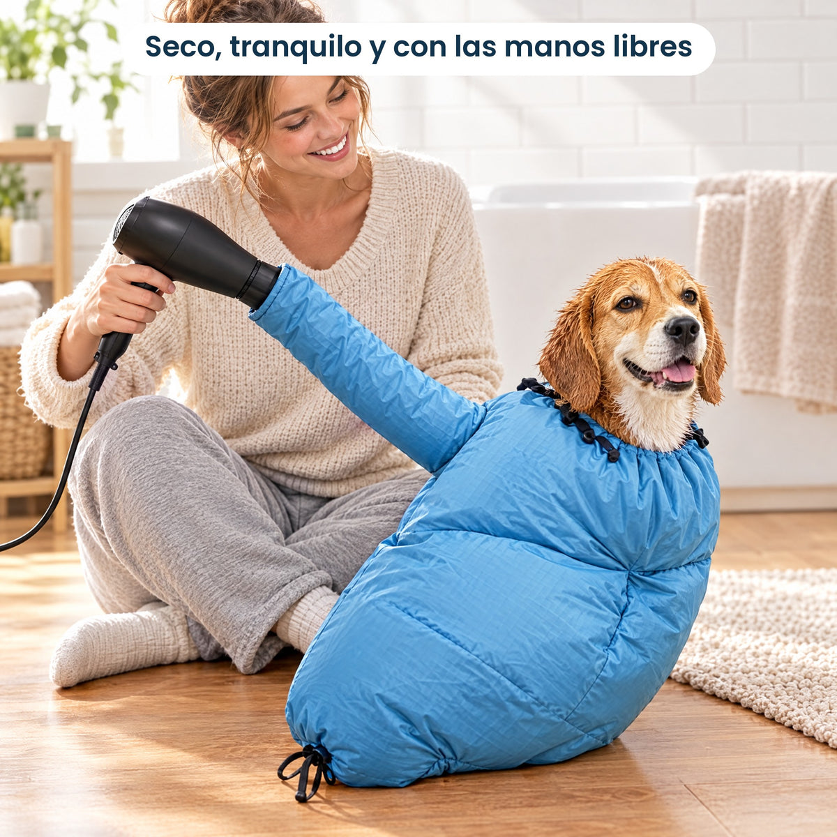 Beagle tranquilo dentro de la bolsa de secado Peludry