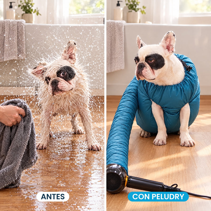 Antes y después de secar al perro con Peludry