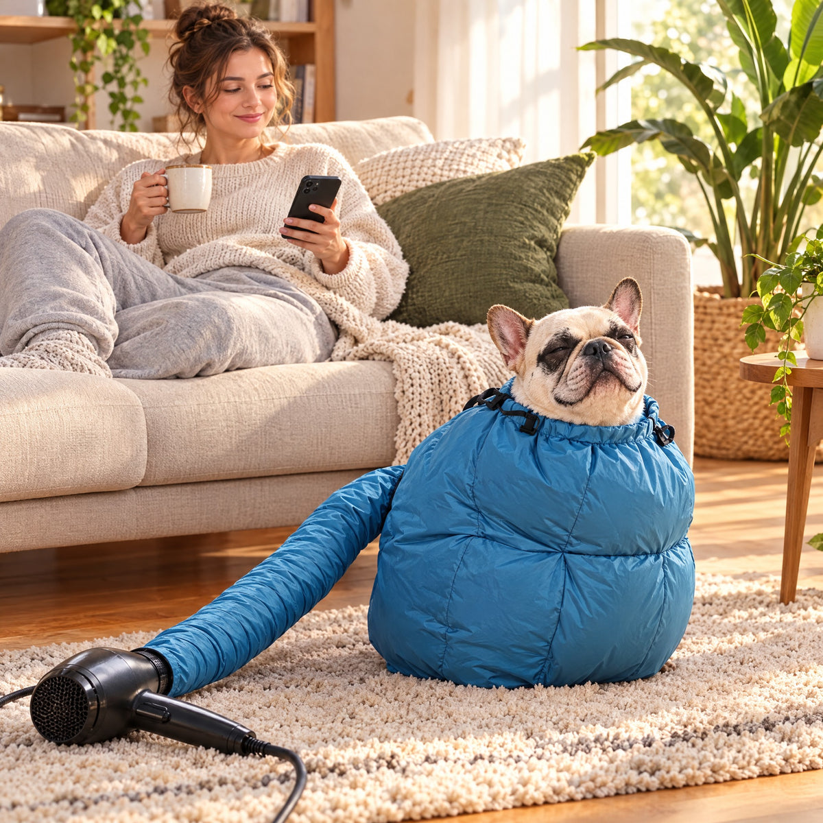 Perro secándose tranquilo mientras su dueña descansa